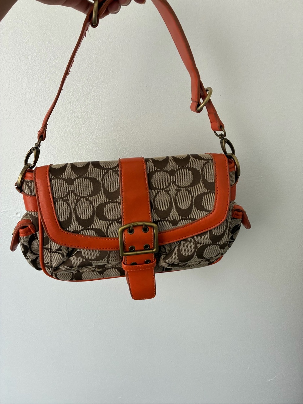 Coach Brown Signature Canvas Shoulder Bag with Orange Trim